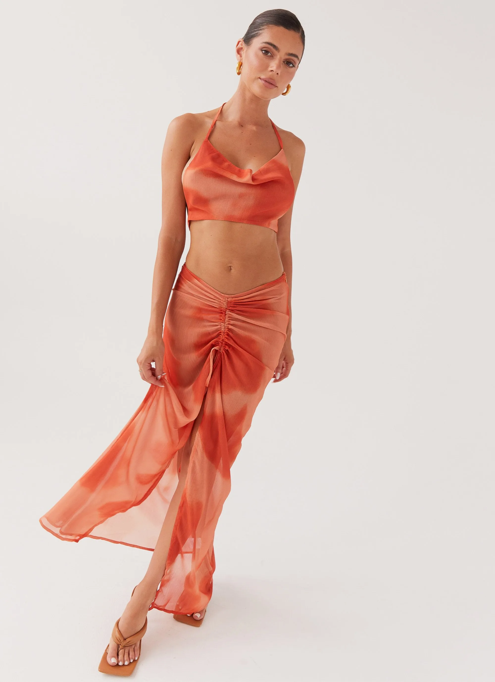 Zenta Ruched Maxi Skirt - Copper sold by Peppermayo