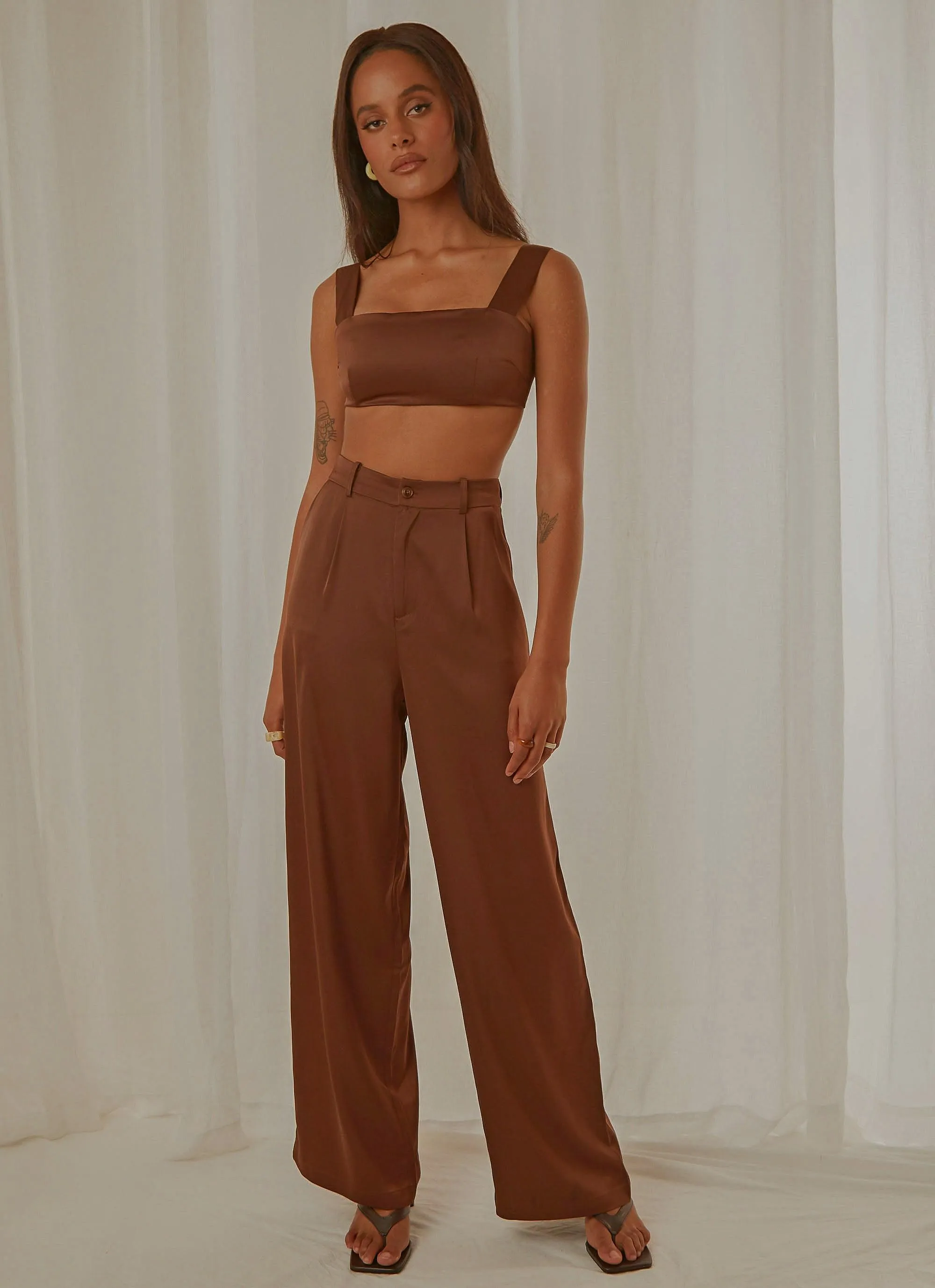 Milano Satin Pant - Choc Brown sold by Peppermayo
