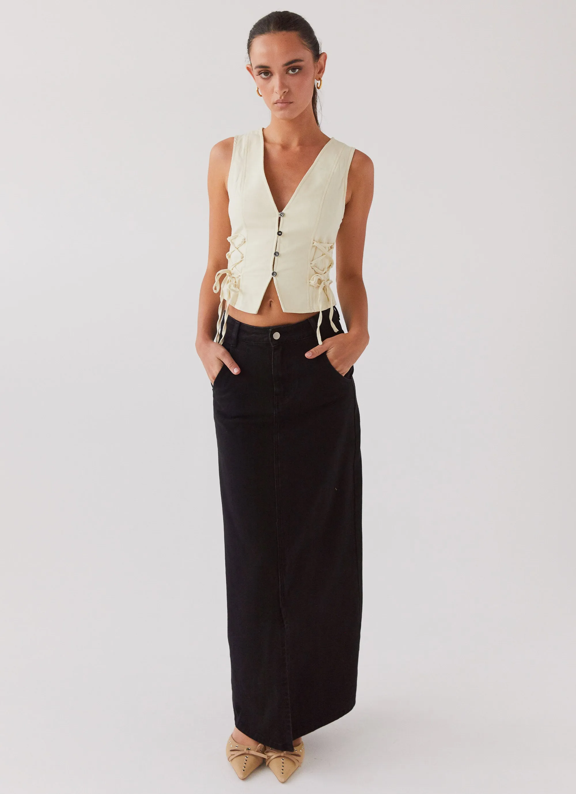 Walk This Way Denim Maxi Skirt - Black sold by Peppermayo
