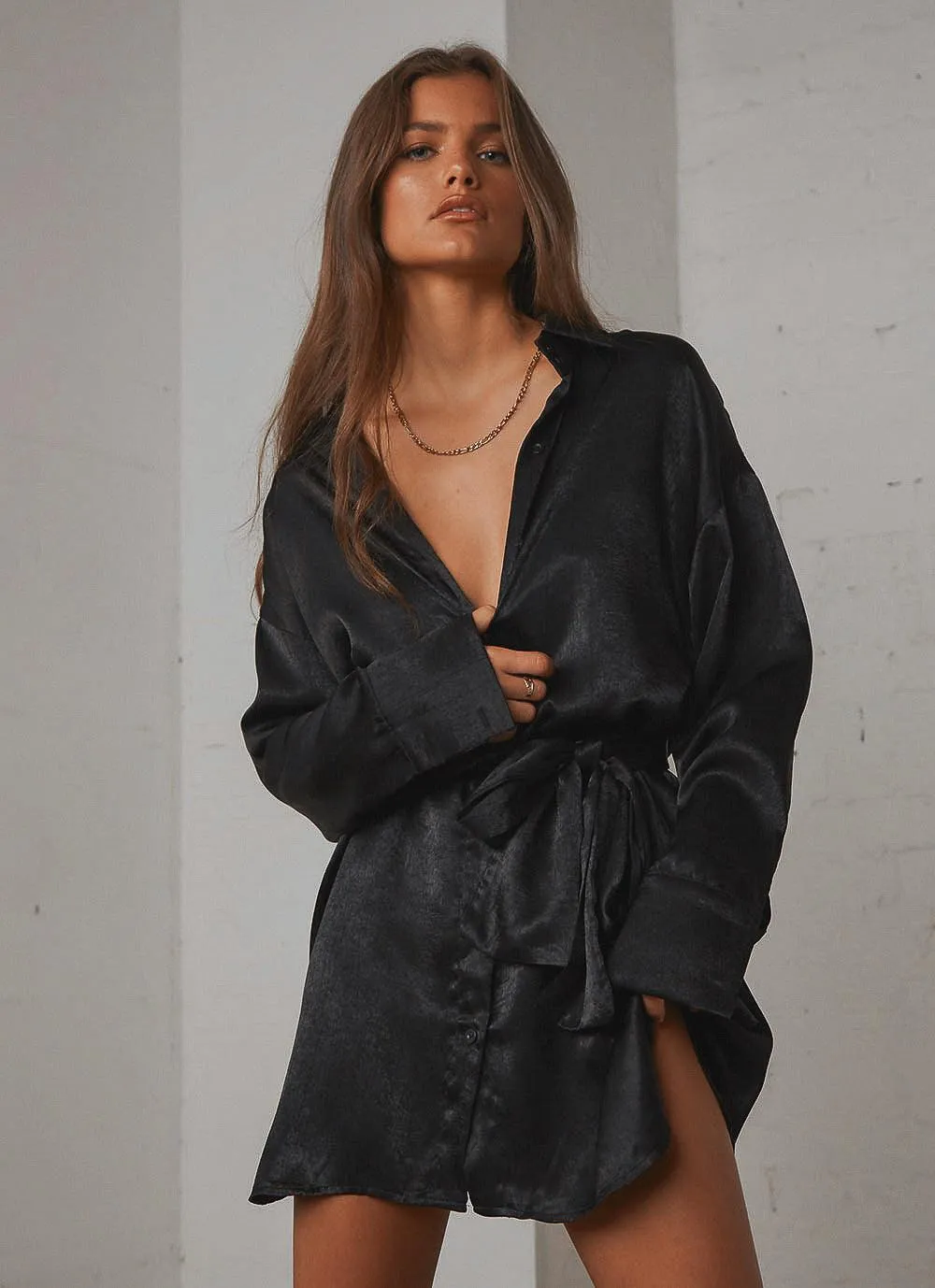 Faye Mini Shirt Dress - Black sold by Peppermayo