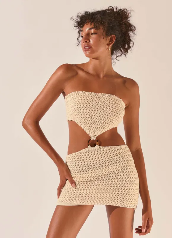 Balmy Nights Crochet Mini Dress - Seashell sold by Peppermayo