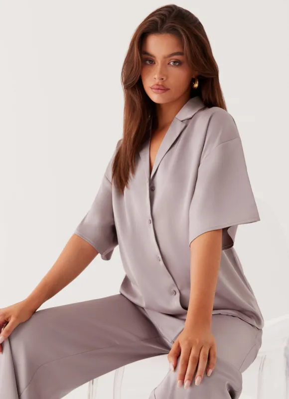 Palm Cove Satin Shirt - Grey made by Peppermayo