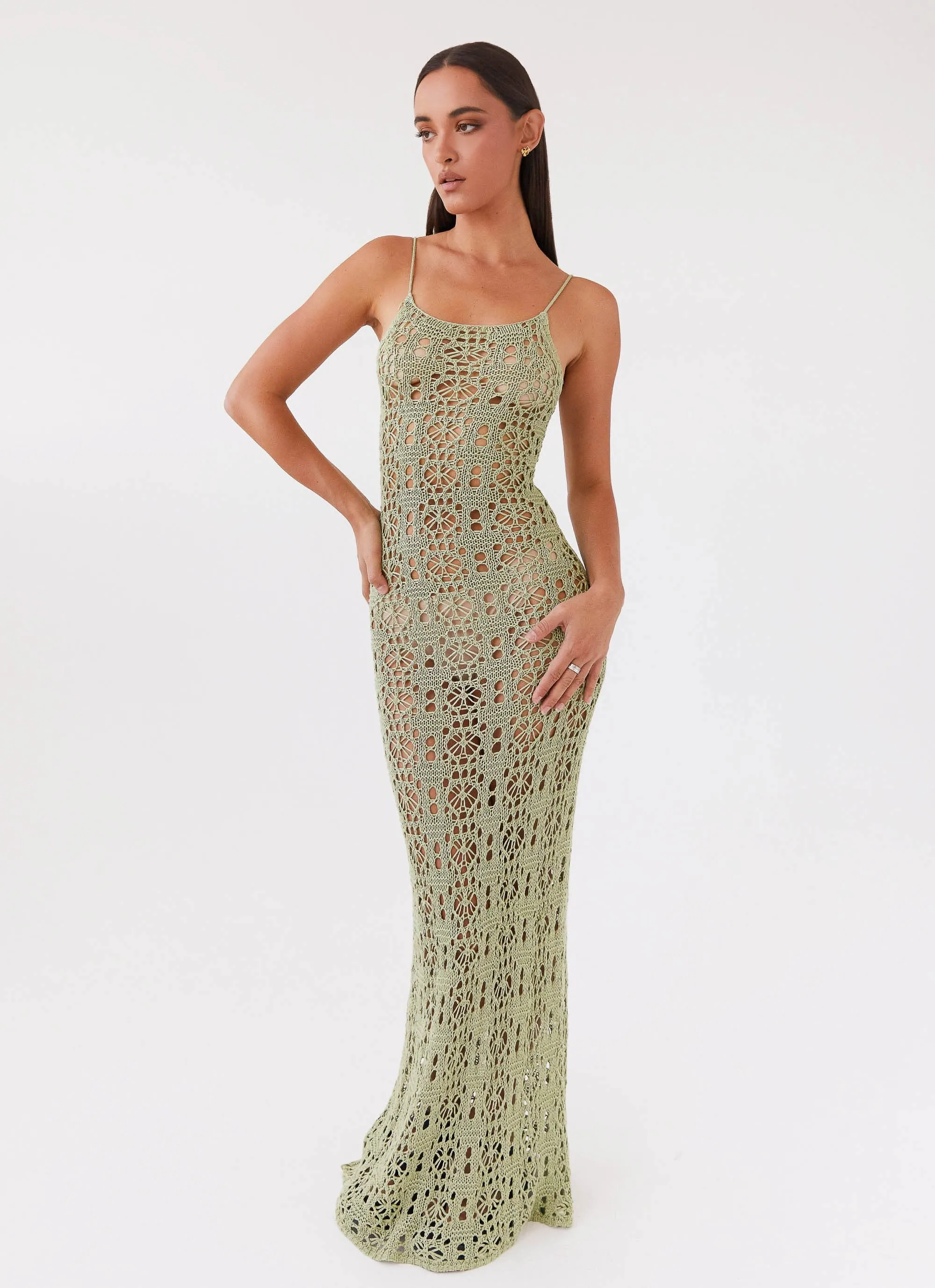 Luxora Crochet Maxi Cami Dress - Light Olive sold by Peppermayo