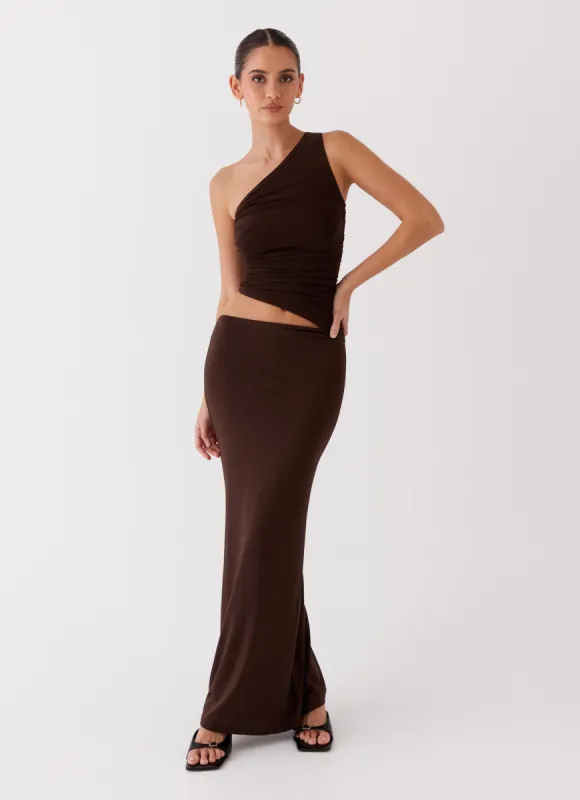 Seranella One Shoulder Maxi Dress - Chocolate sold by Peppermayo