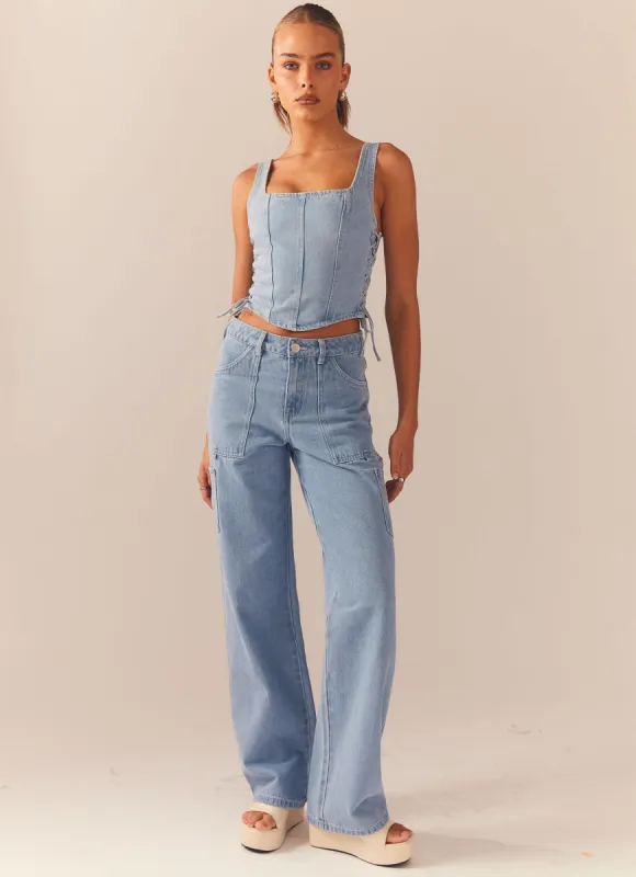 Backstage Pass Denim Lowrise Pants - Subdued Blue sold by Peppermayo