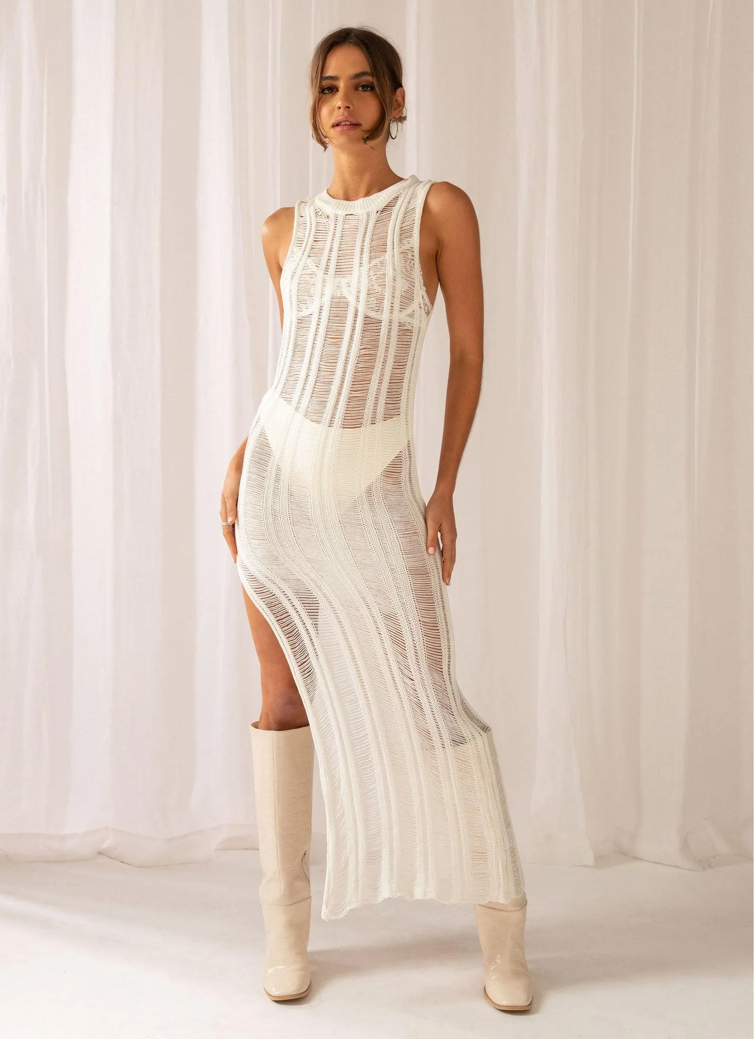 Perri Ladder Knit Maxi Dress - Ivory sold by Peppermayo