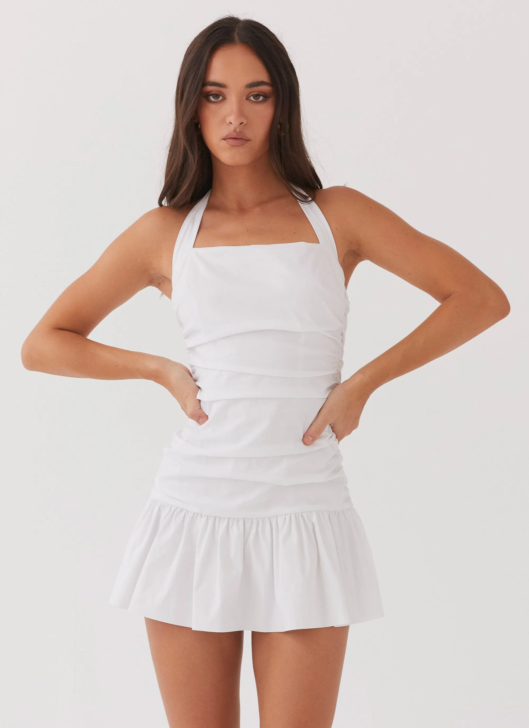 Cely Ruched Mini Dress - White sold by Peppermayo
