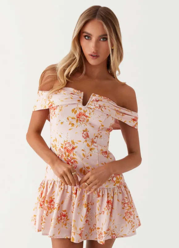 Aries Off Shoulder Linen Mini Dress - Pink Floral made by Peppermayo