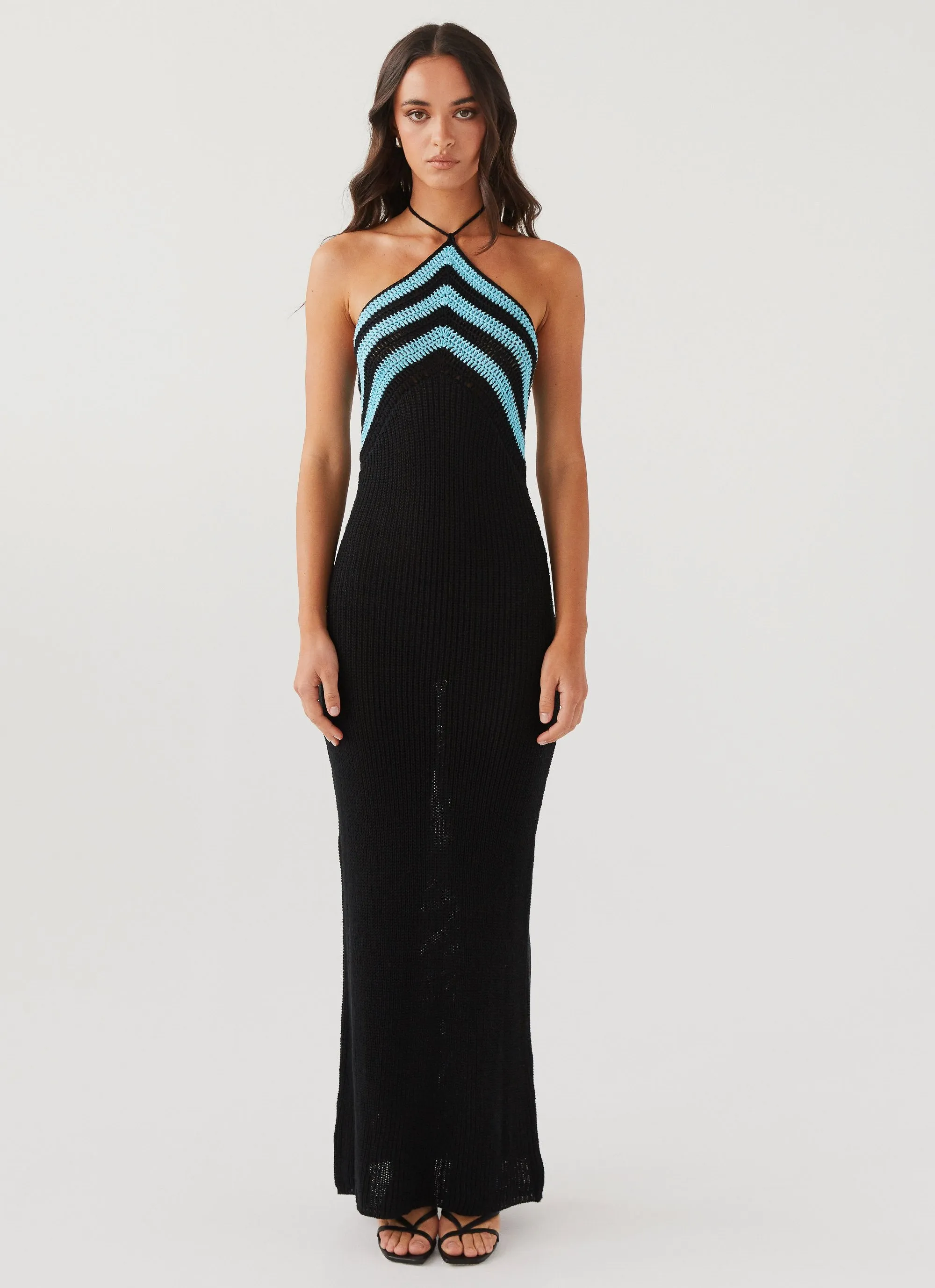 Masterpiece Halterneck Crochet Maxi Dress - Azure Stripe sold by Peppermayo