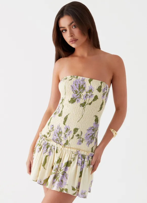 Break From Toronto Linen Mini Dress - Yellow Purple Floral sold by Peppermayo