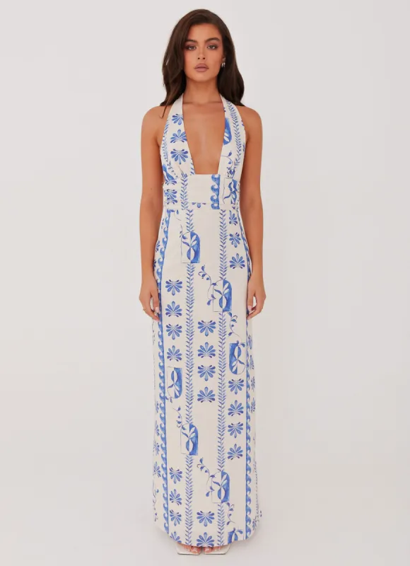 Sky Linen Maxi Dress - Floral Wave sold by Peppermayo