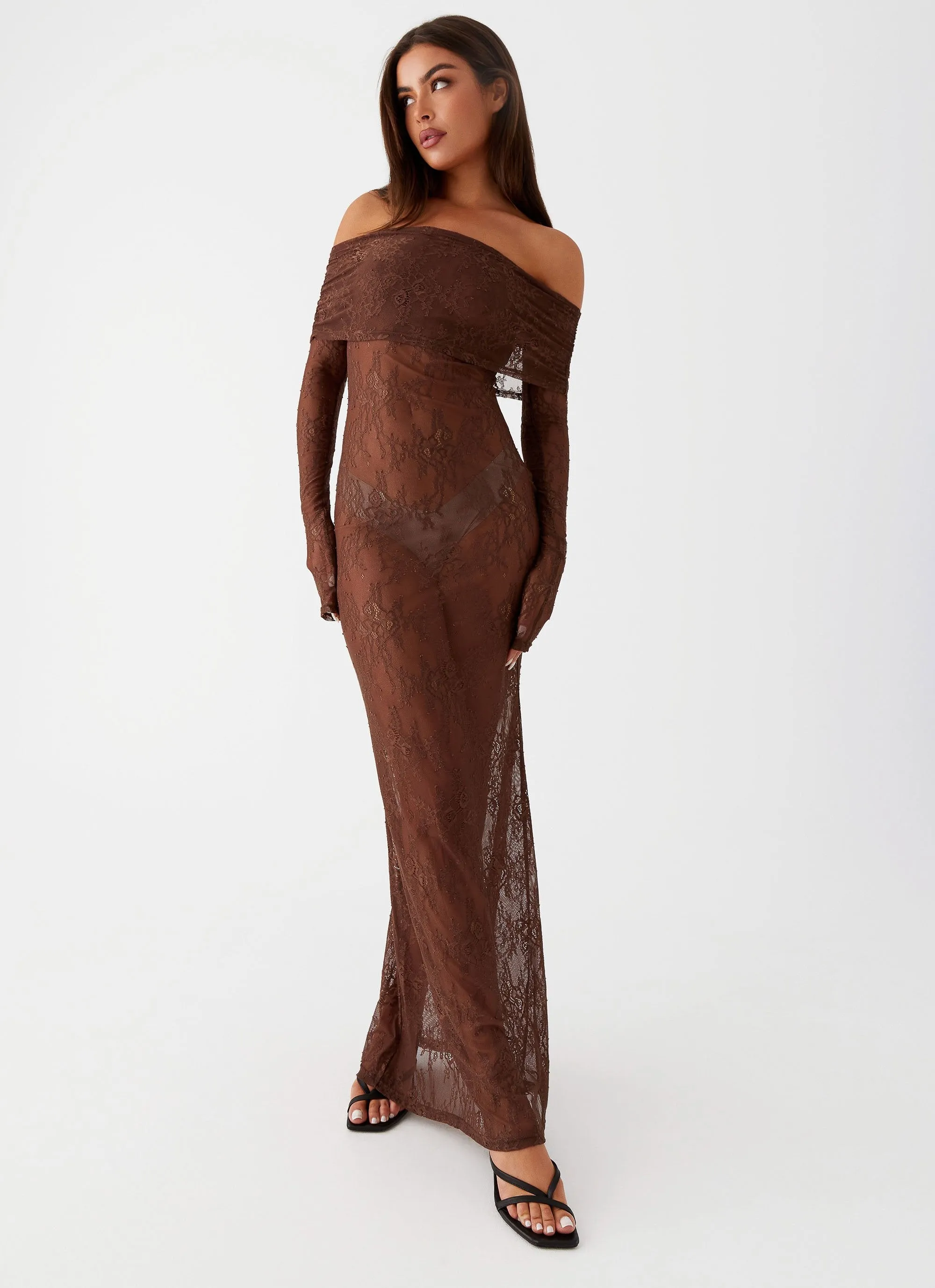 Nadia Lace Maxi Dress - Chocolate sold by Peppermayo