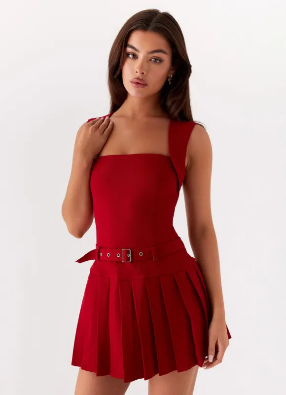 Justina Belted Mini Dress - Red sold by Peppermayo