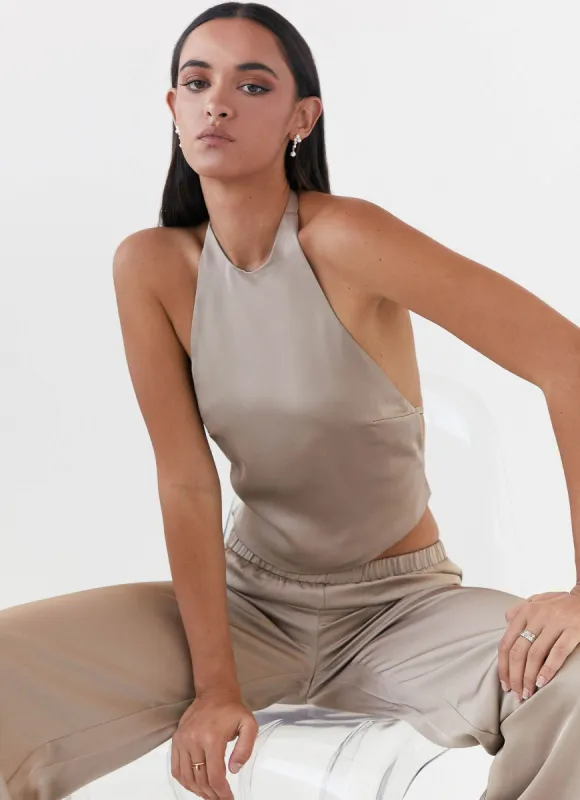Bree Satin Halterneck Top - Mushroom sold by Peppermayo