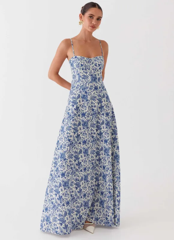 Angelina Linen Maxi Dress - Blue Paisley sold by Peppermayo