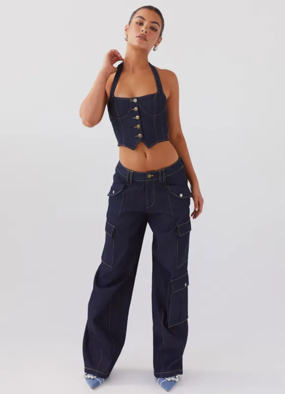 Greedy Denim Cargo Pants - Indigo sold by Peppermayo