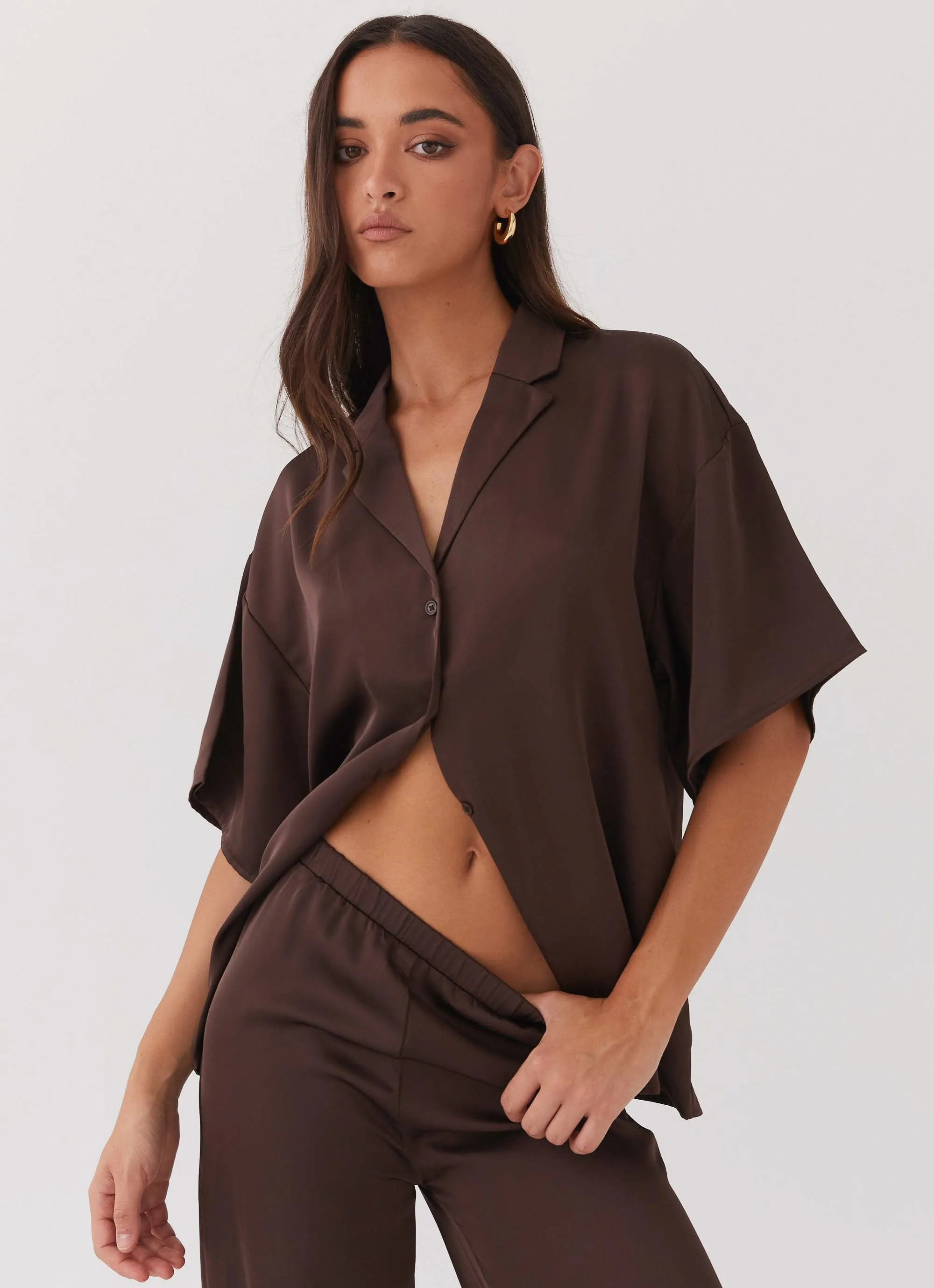 Palm Cove Satin Shirt - Chocolate sold by Peppermayo