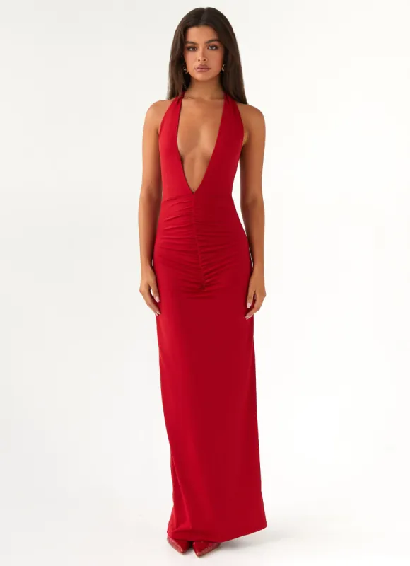 Whisked Away Halterneck Maxi Dress - Red sold by Peppermayo