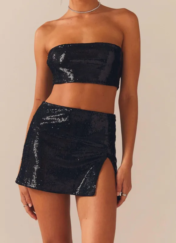 Emma Sequin Mini Skirt - Black sold by Peppermayo