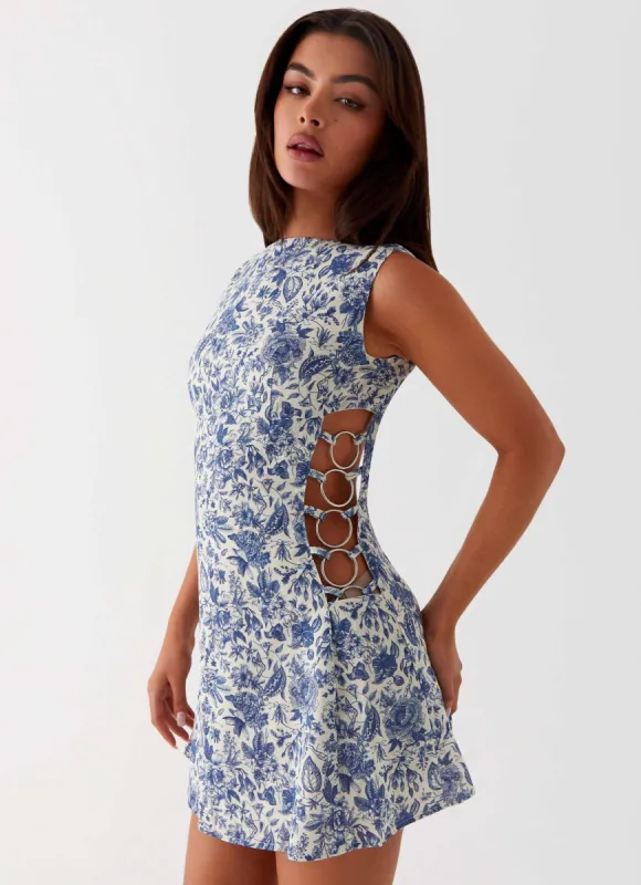 Indigo Bloom Linen Mini Dress - Blue Paisley sold by Peppermayo