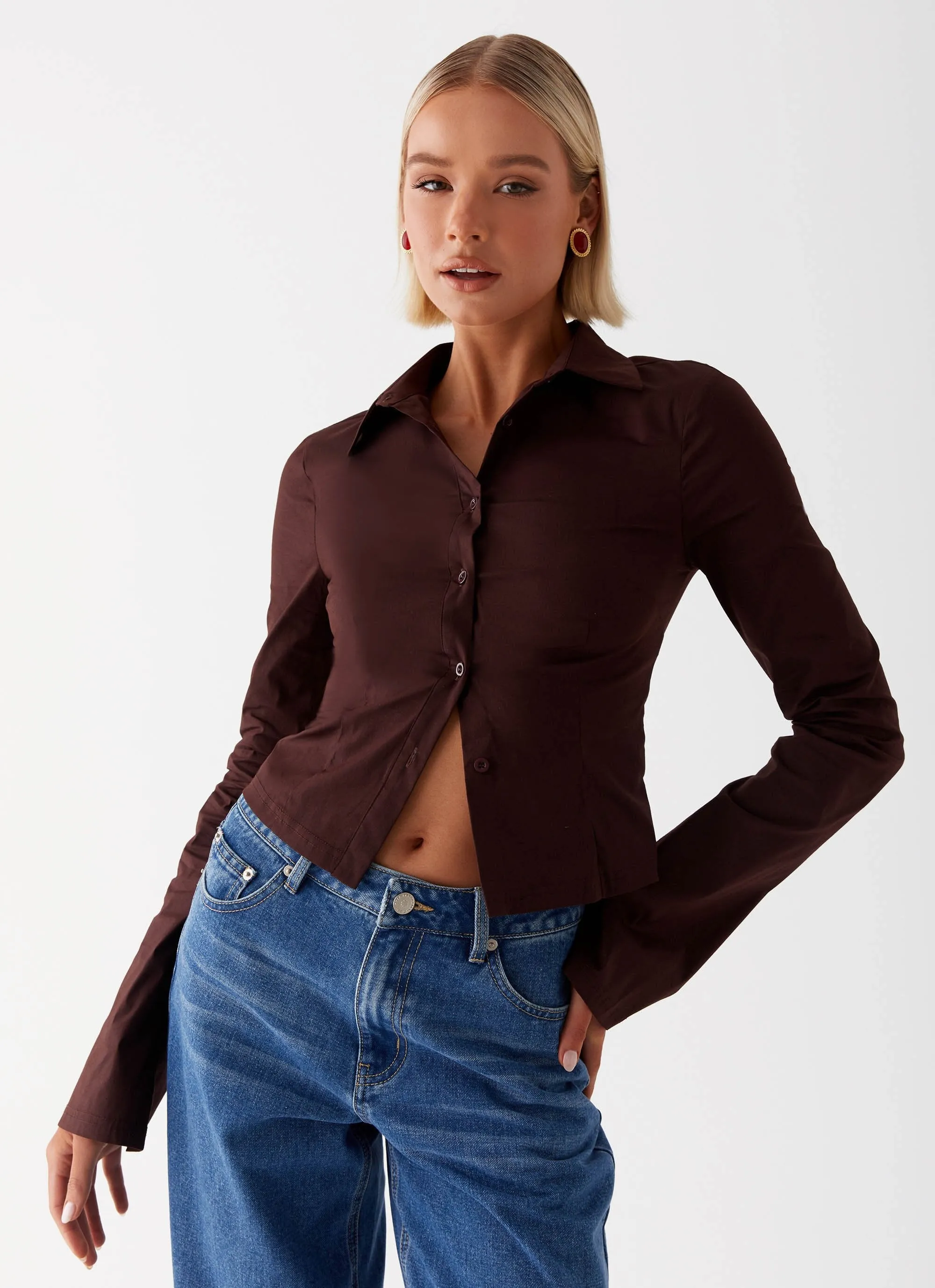Leah Fitted Button Up Shirt - Chocolate sold by Peppermayo