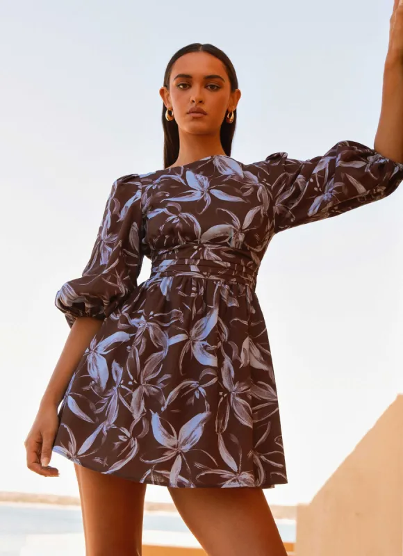 Crystal Dreams Mini Dress - Brown Purple Floral sold by Peppermayo