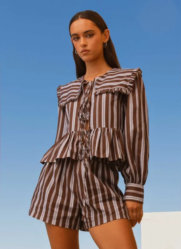 Emerson Tie Front Long Sleeve Top - Purple Brown Stripe sold by Peppermayo