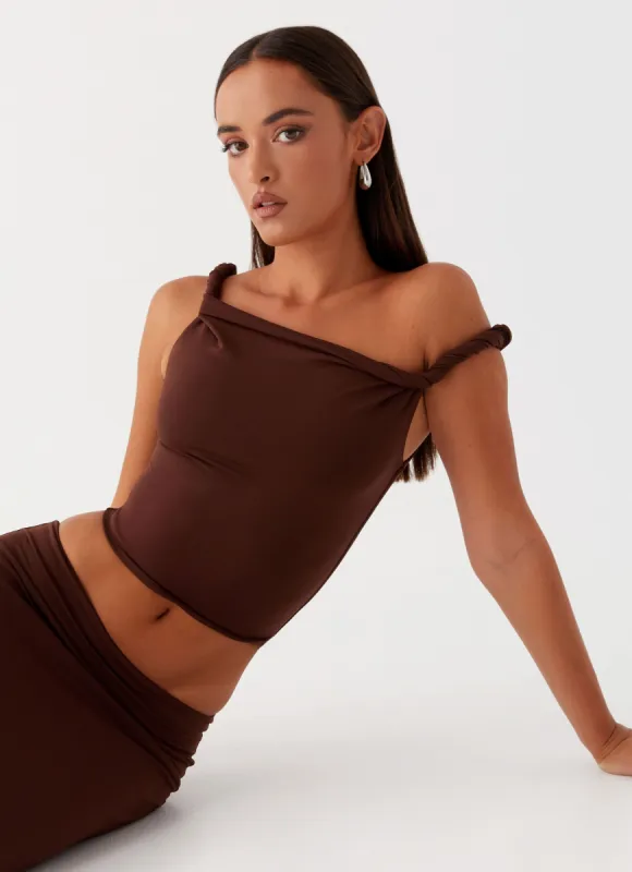 Solace Soul Twist Shoulder Top - Chocolate sold by Peppermayo