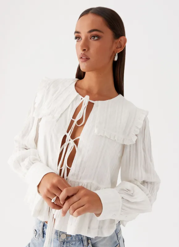 Emerson Tie Front Long Sleeve Top - White sold by Peppermayo