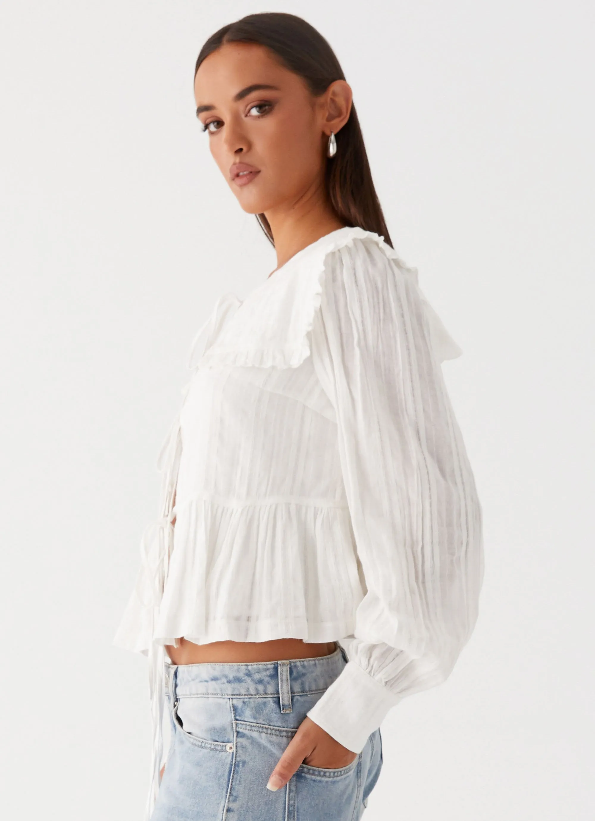 Emerson Tie Front Long Sleeve Top - White sold by Peppermayo product image thumbnail 3