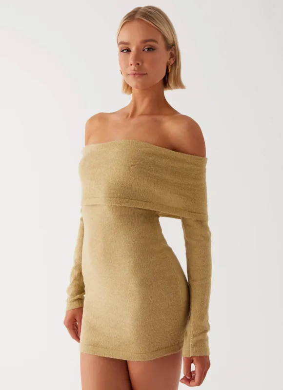 Myla Off Shoulder Mini Dress - Camel sold by Peppermayo