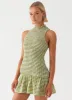 Cassie shirred Mini Dress - Khaki Gingham sold by Peppermayo