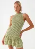 Cassie shirred Mini Dress - Khaki Gingham sold by Peppermayo