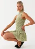 Cassie shirred Mini Dress - Khaki Gingham sold by Peppermayo