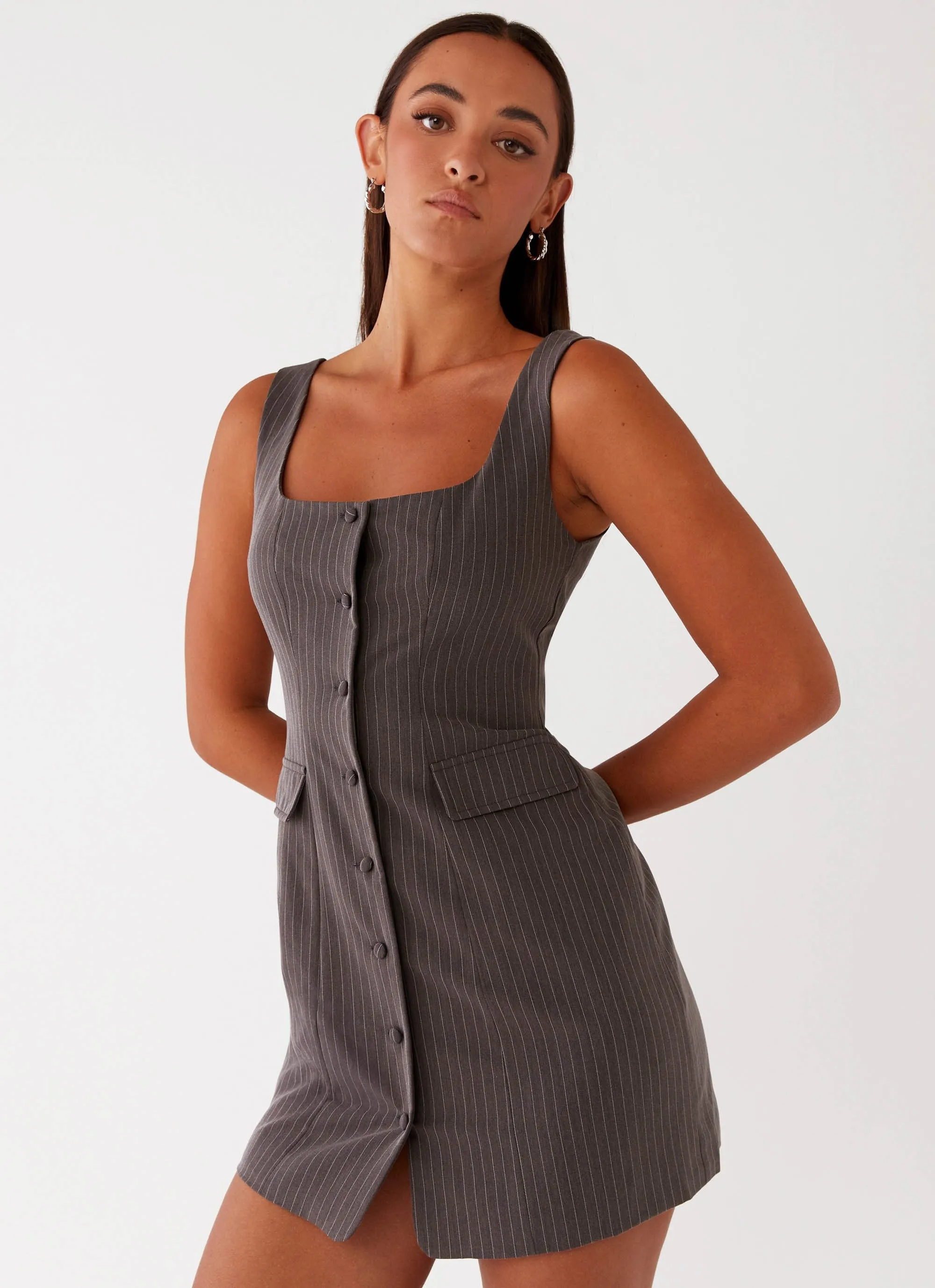 Westwood Mini Dress - Grey Pinstripe sold by Peppermayo