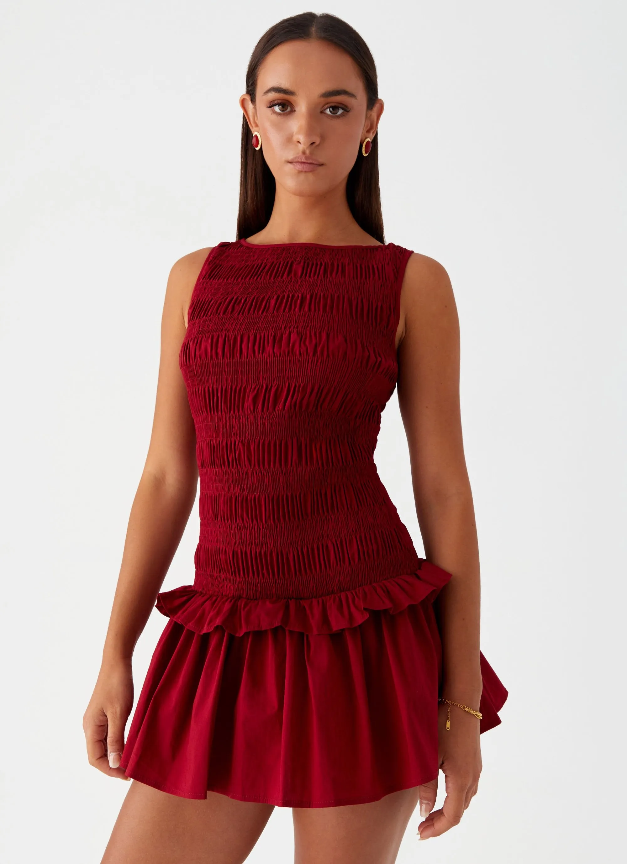 Garden Kisses Shirred Mini Dress - Maroon sold by Peppermayo