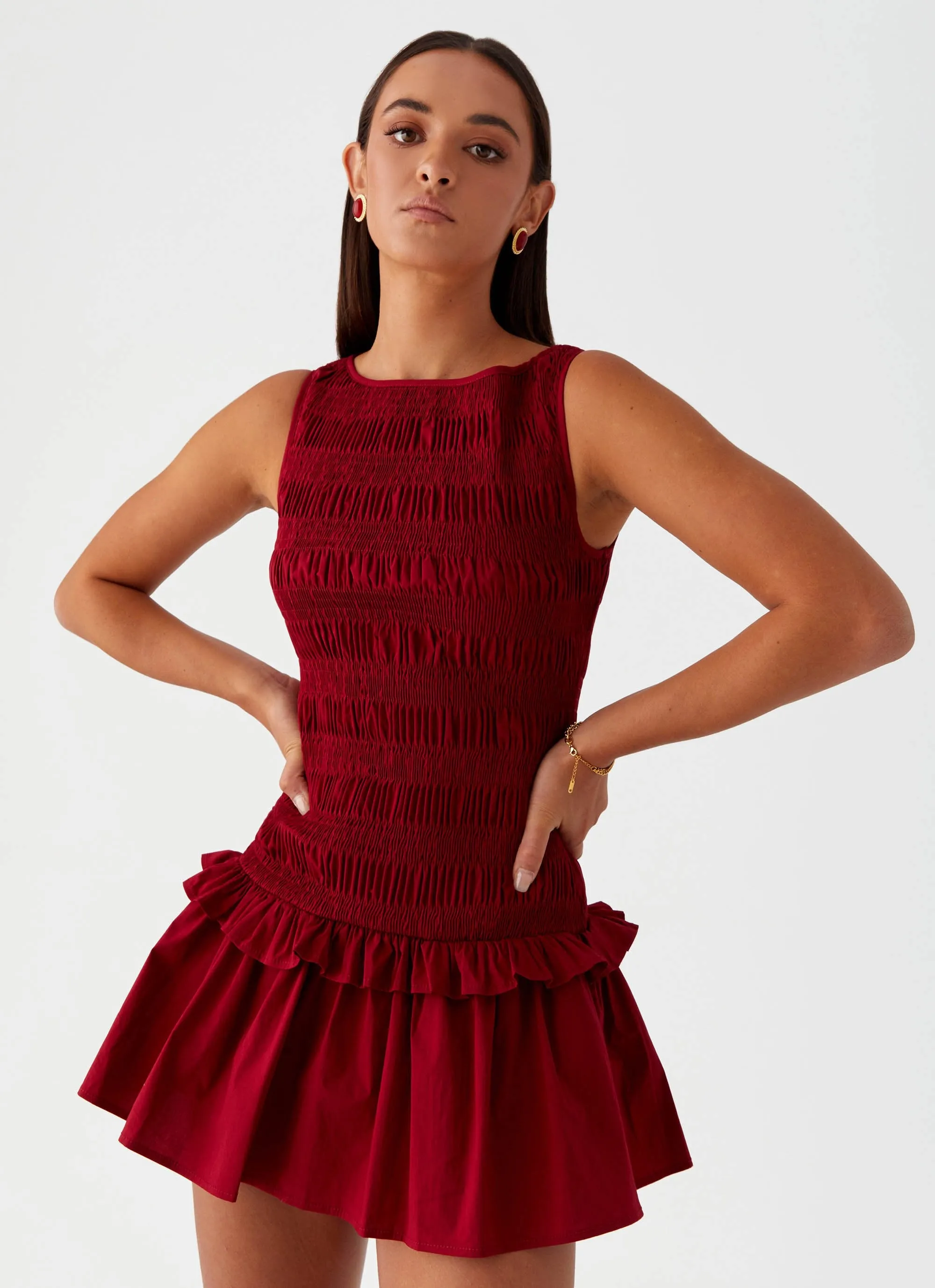 Garden Kisses Shirred Mini Dress - Maroon sold by Peppermayo product image thumbnail 5