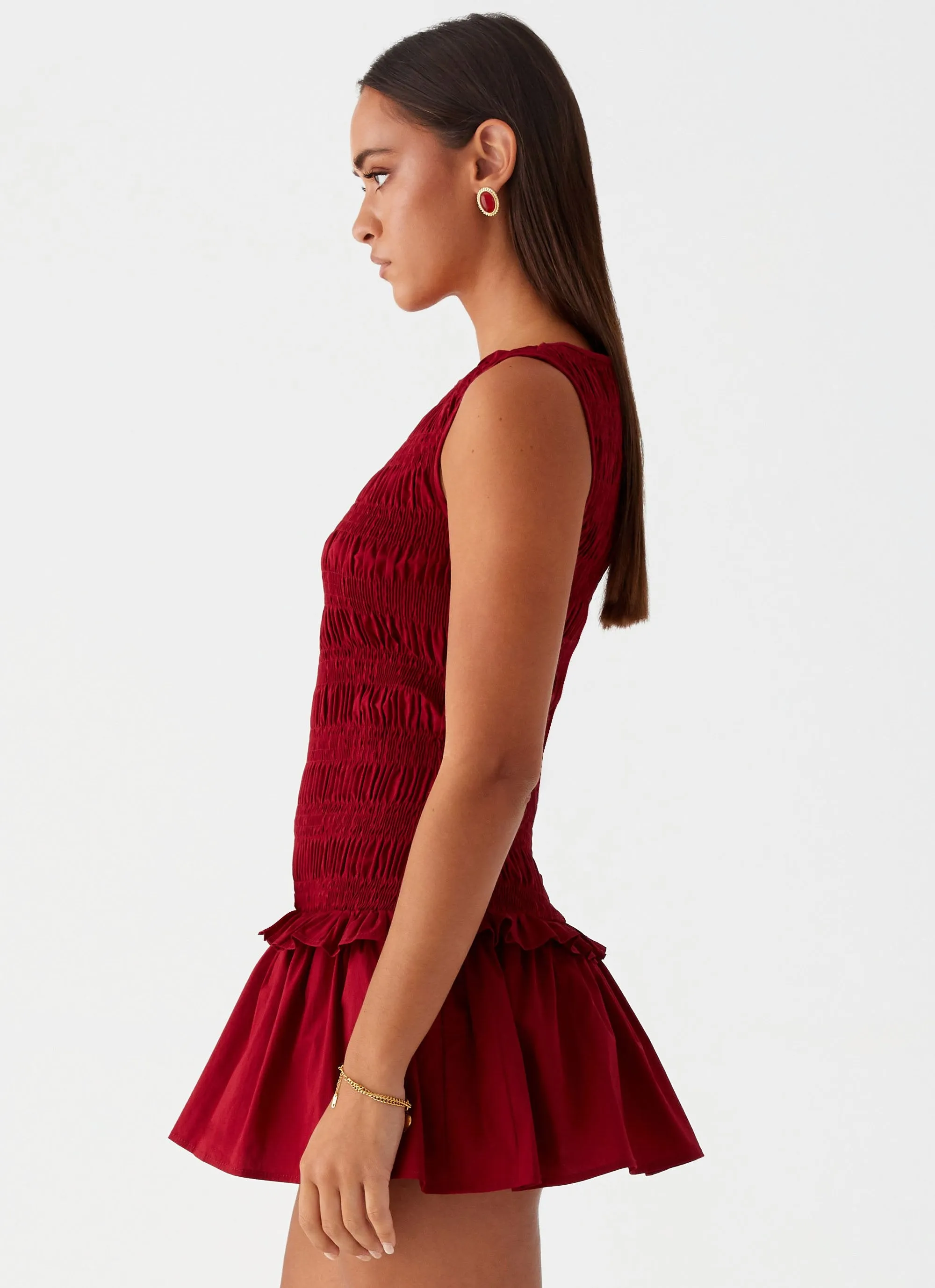 Garden Kisses Shirred Mini Dress - Maroon sold by Peppermayo product image thumbnail 3