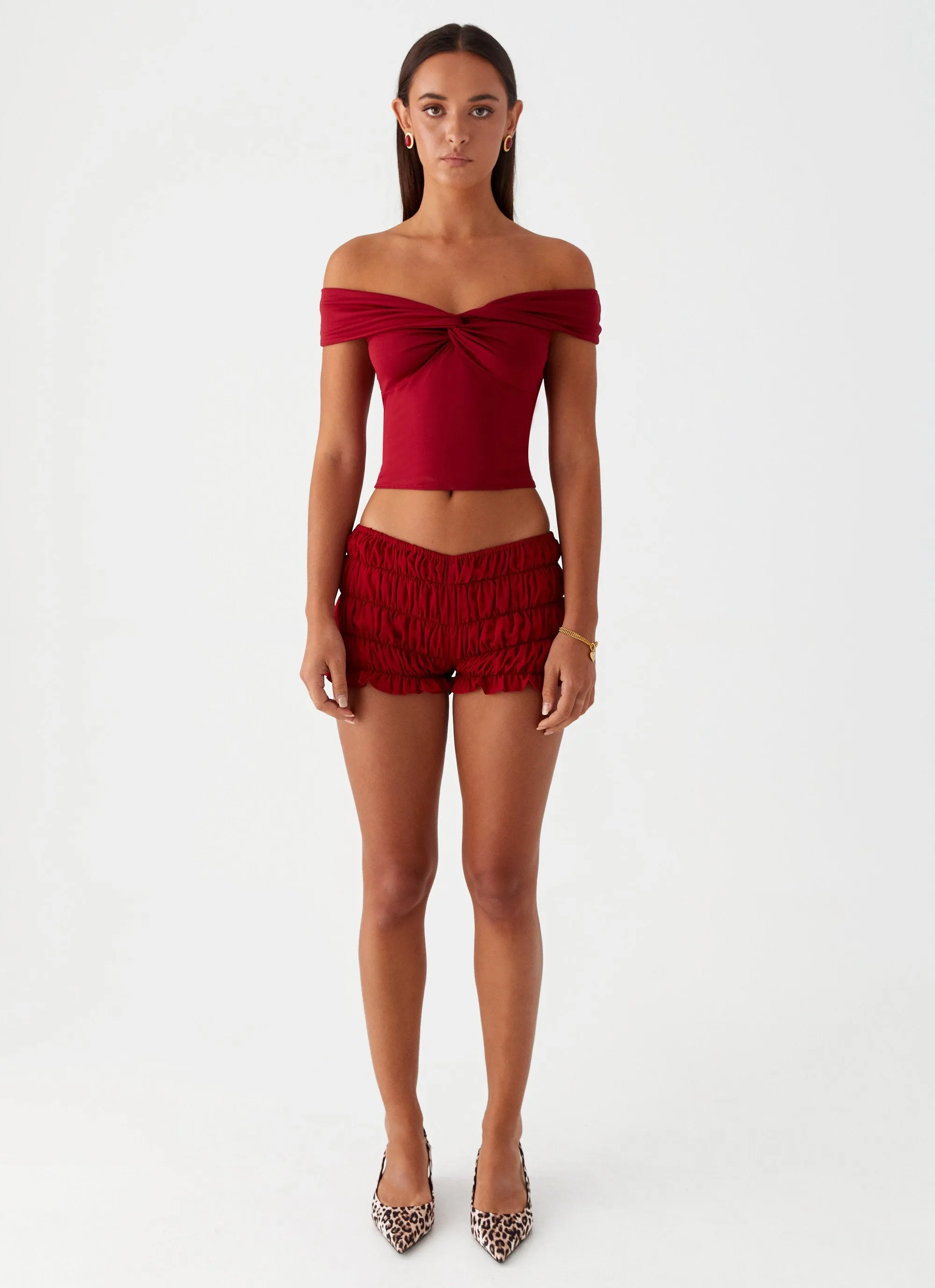 Trixie Twist Off Shoulder Top - Maroon sold by Peppermayo product image thumbnail 2