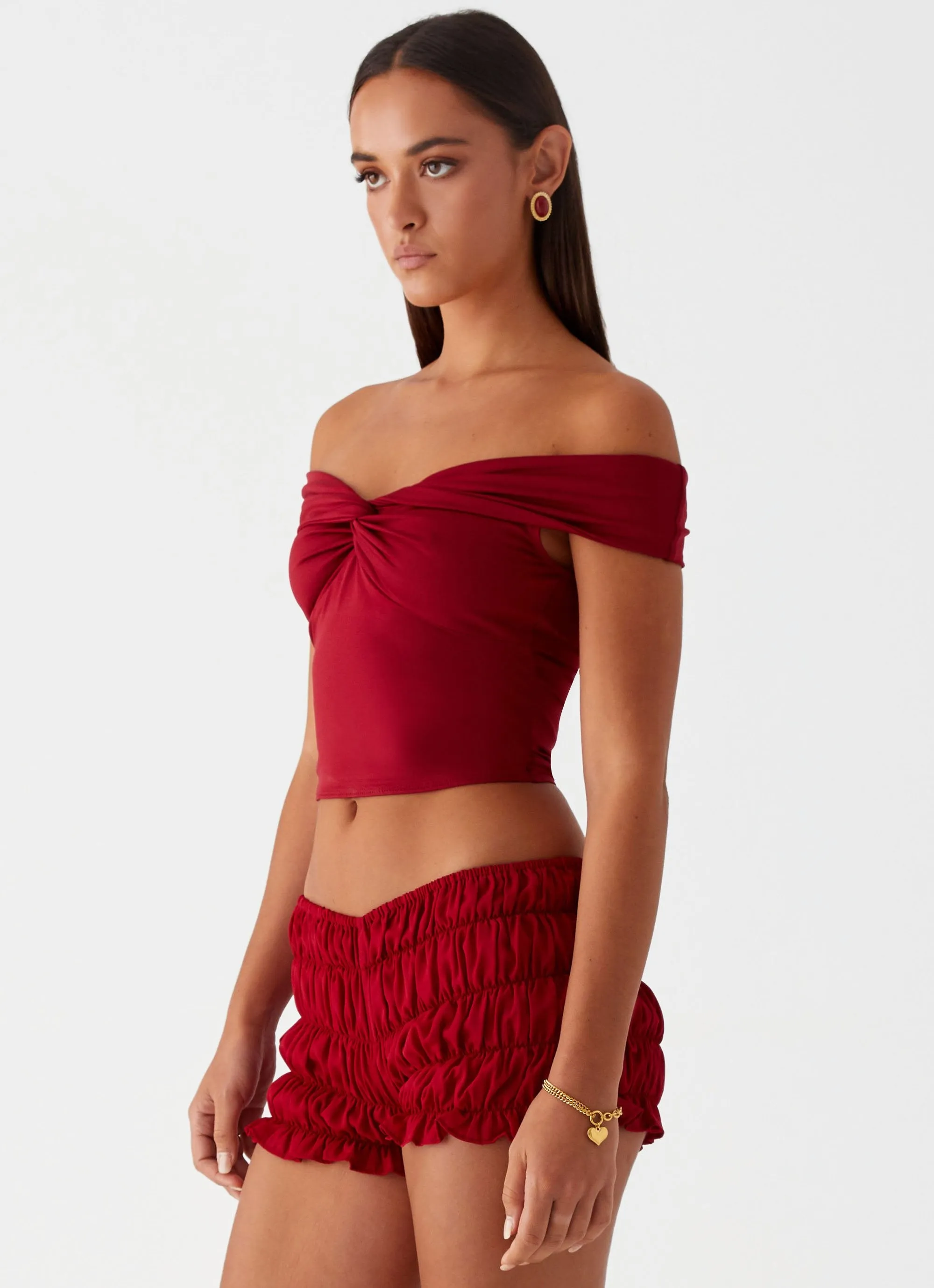 Trixie Twist Off Shoulder Top - Maroon sold by Peppermayo product image thumbnail 3