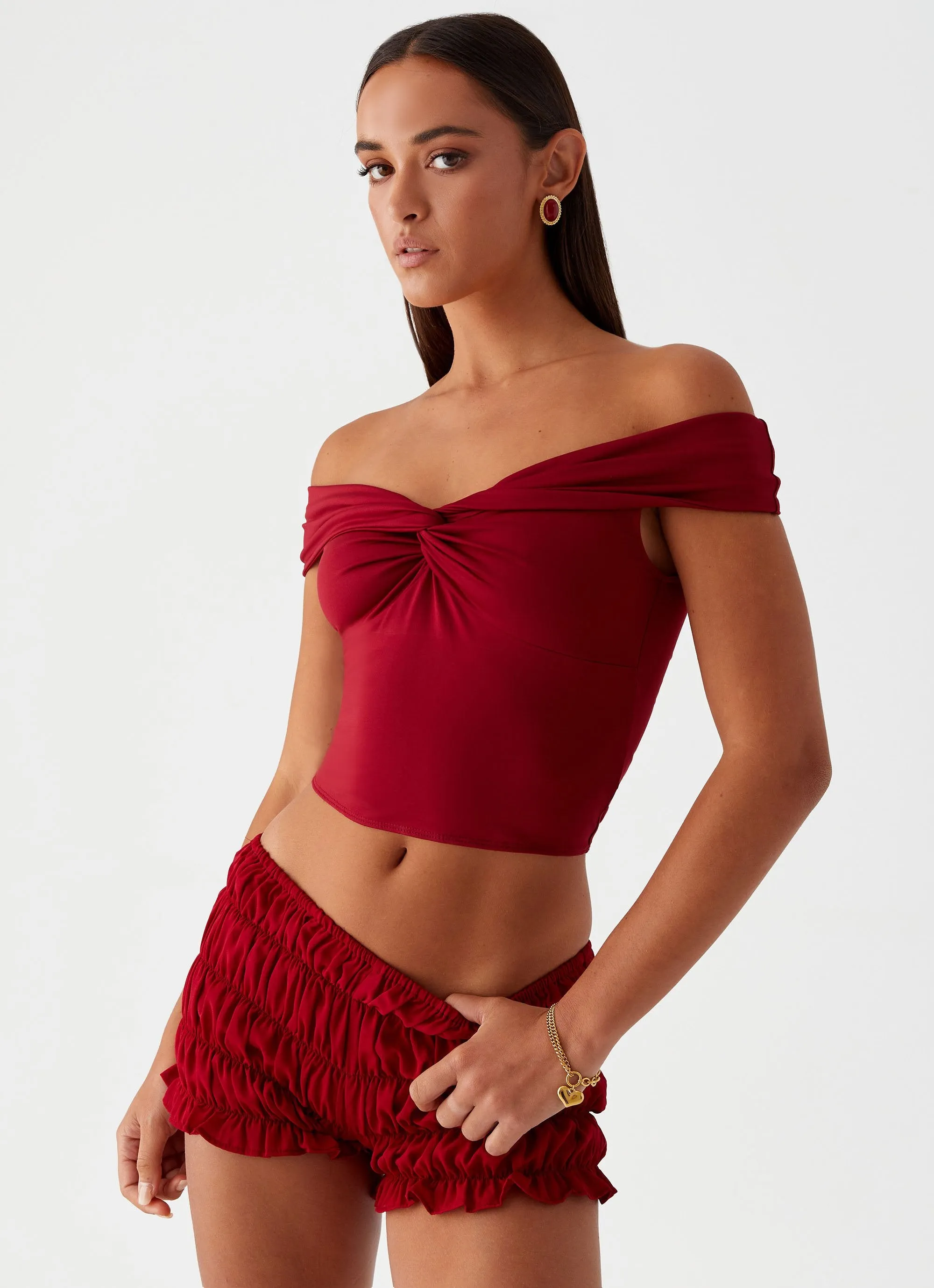 Trixie Twist Off Shoulder Top - Maroon sold by Peppermayo