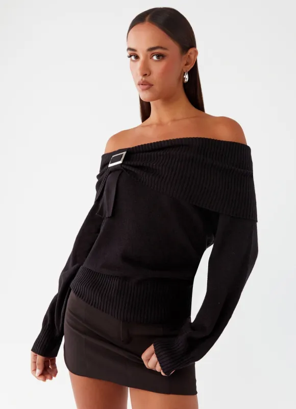 Buckle Up Oversized Bardot Knit Sweater - Black made by Peppermayo