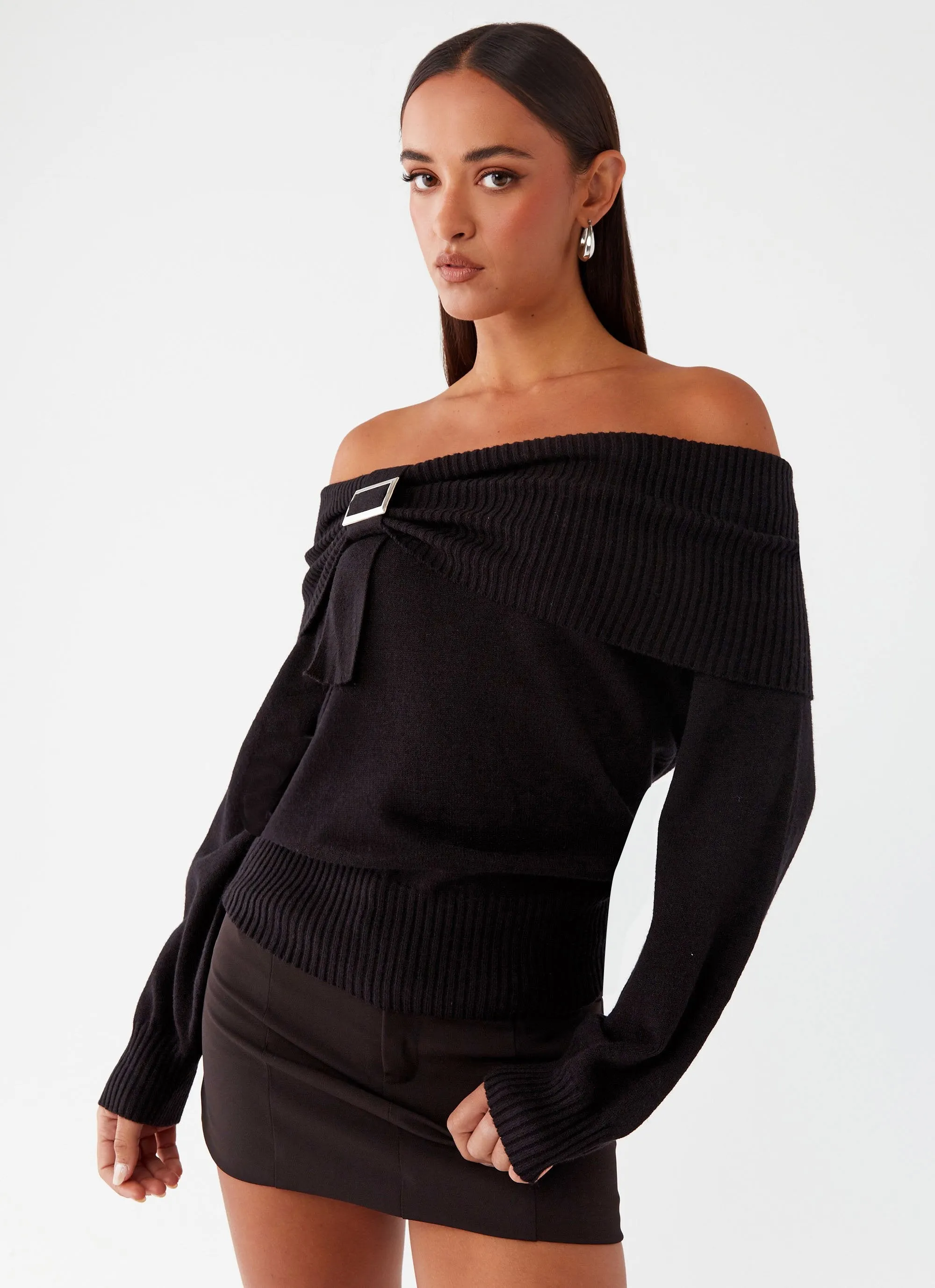 Buckle Up Oversized Bardot Knit Sweater - Black sold by Peppermayo