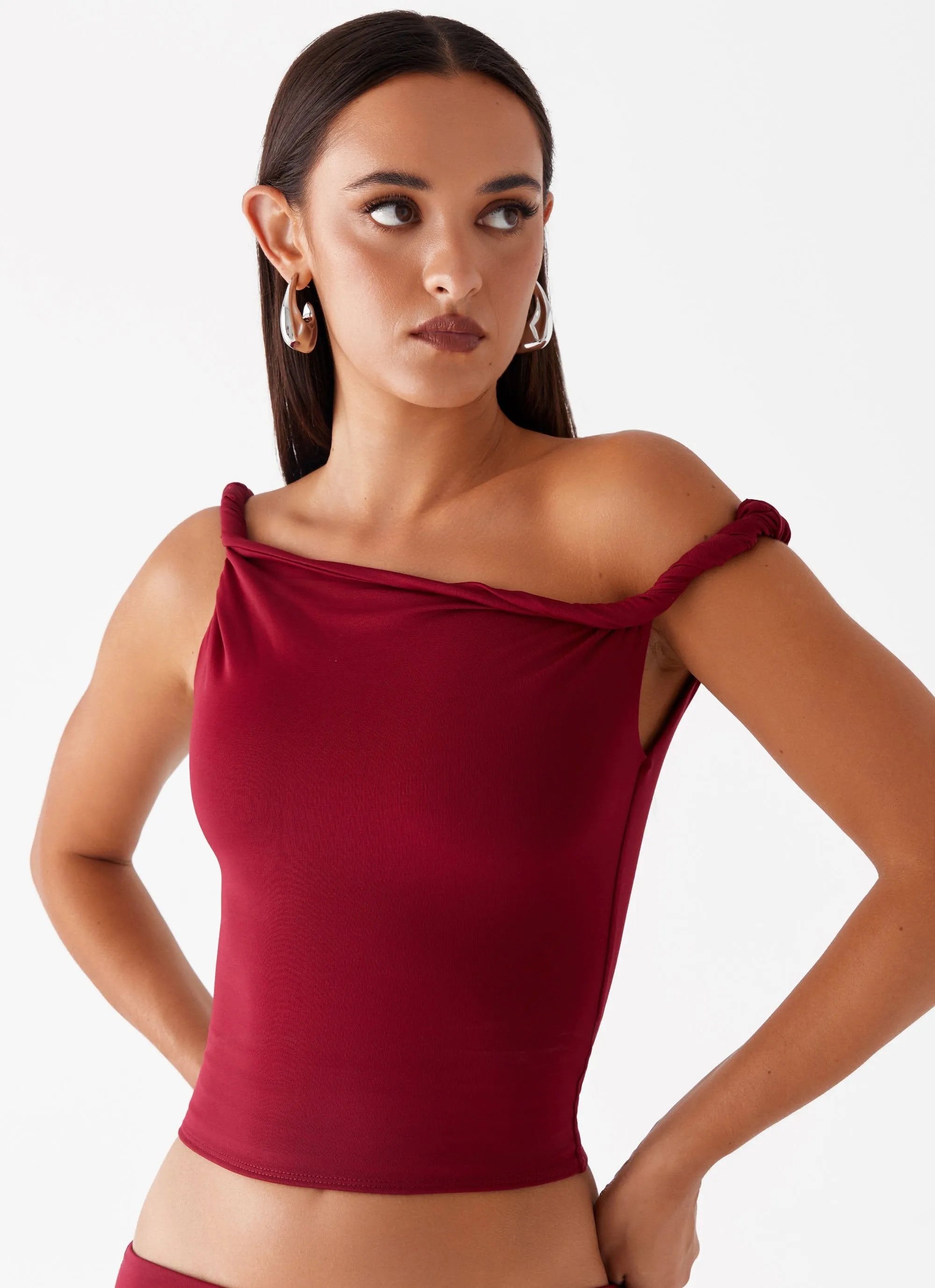 Solace Soul Twist Shoulder Top - Maroon sold by Peppermayo product image thumbnail 5