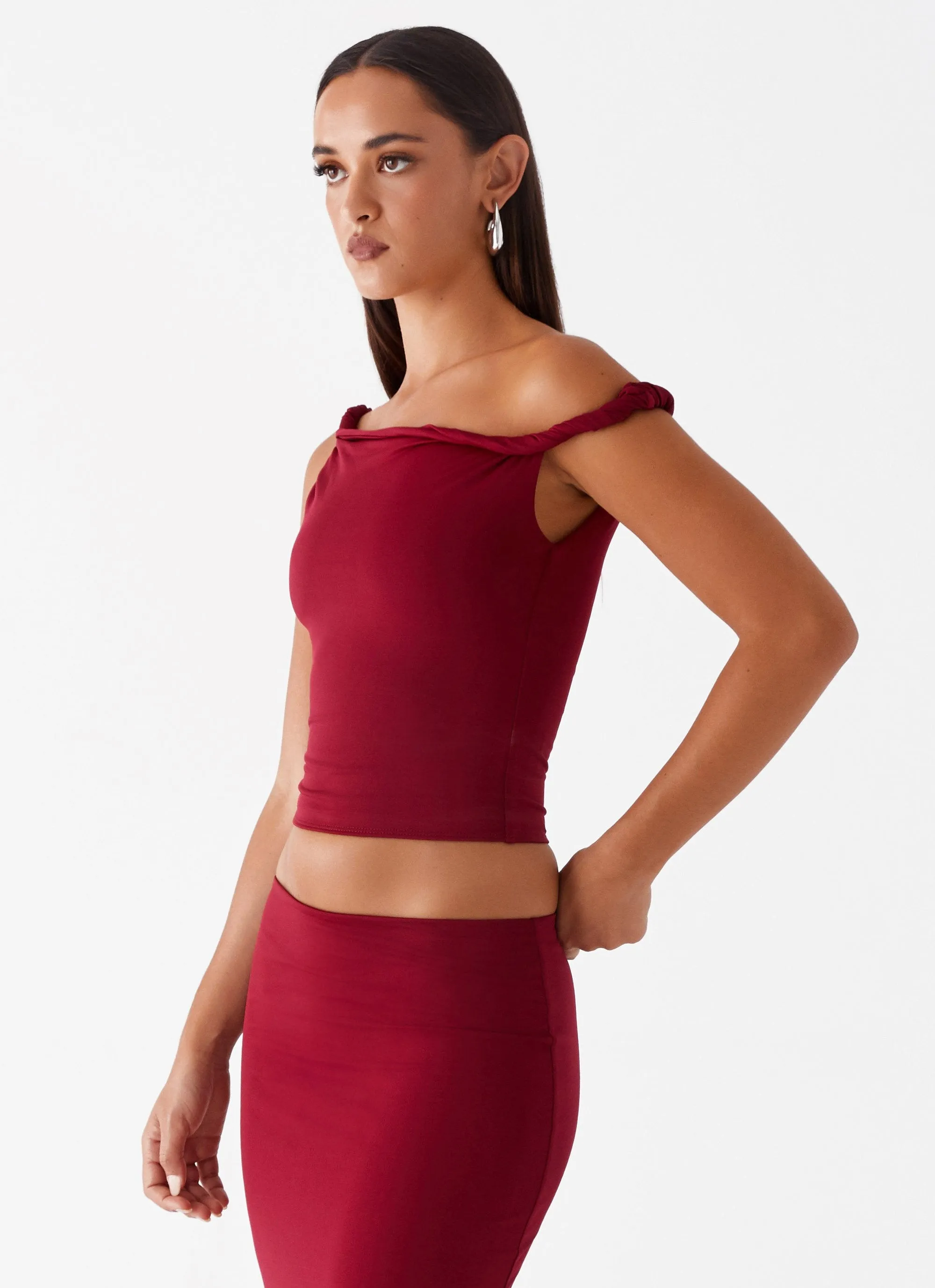 Solace Soul Twist Shoulder Top - Maroon sold by Peppermayo product image thumbnail 3