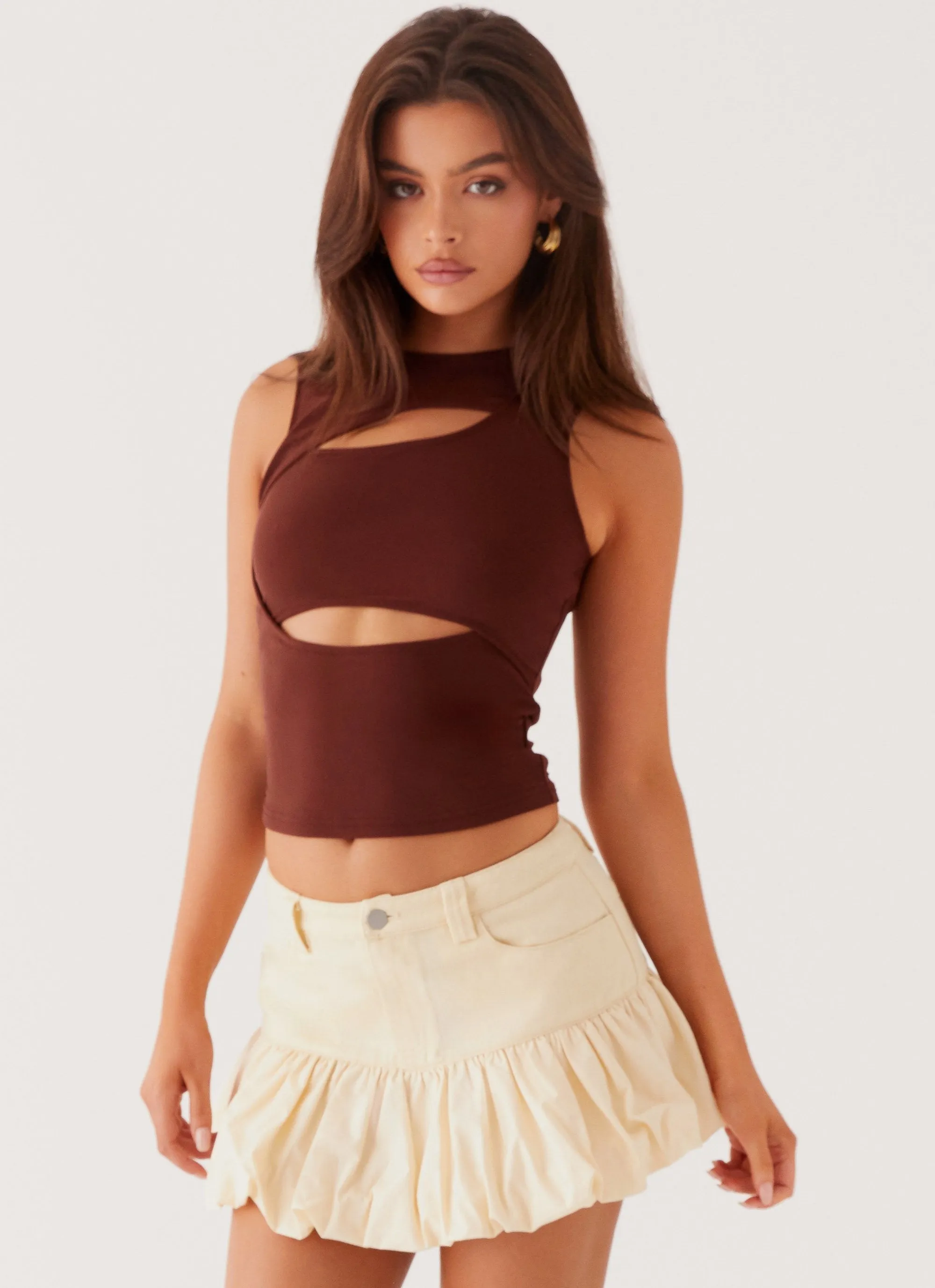 Beyond Cut Out Mesh Top - Chocolate sold by Peppermayo