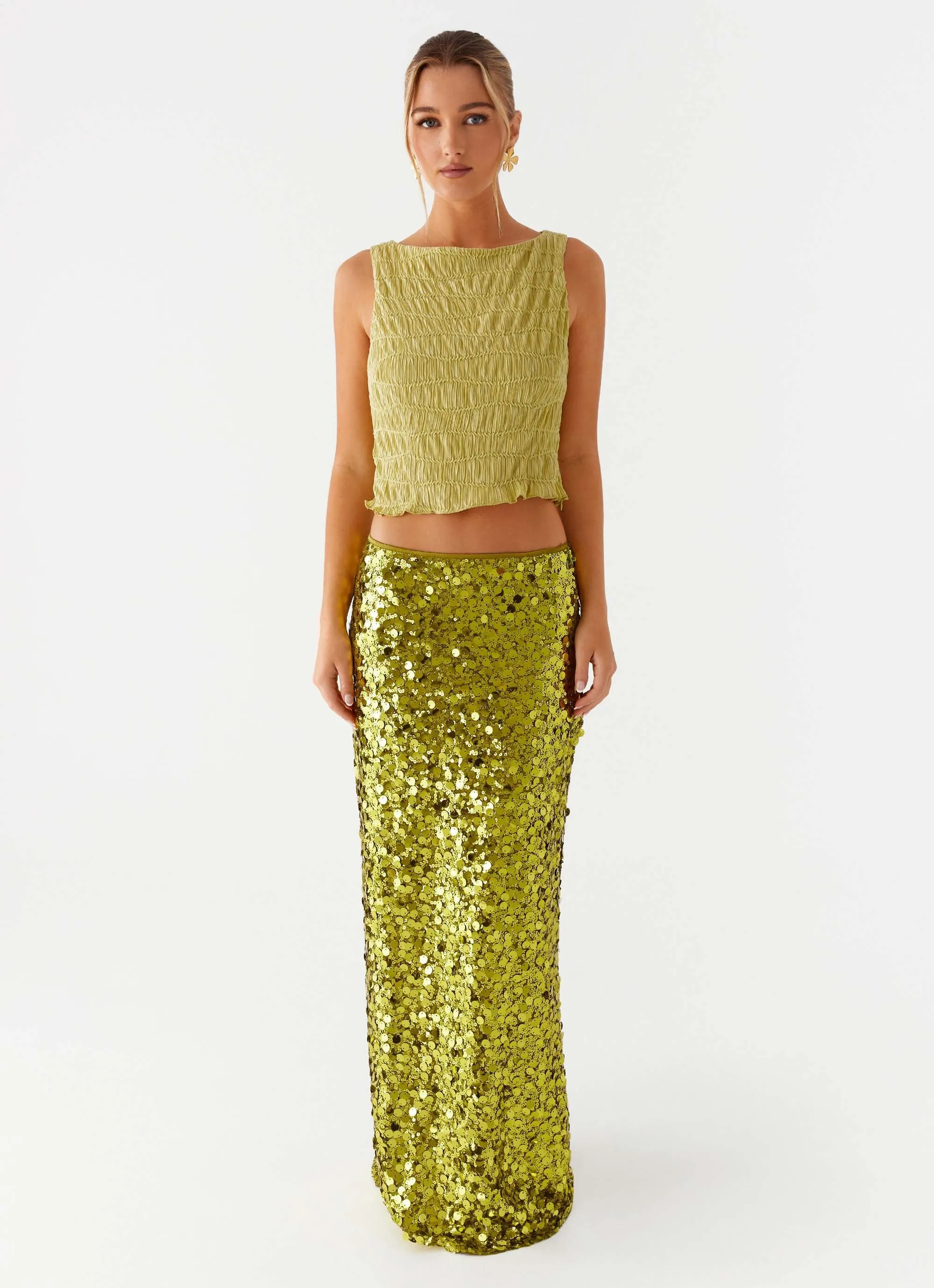 Perfect Places Low Rise Sequin Maxi Skirt - Olive sold by Peppermayo product image thumbnail 3
