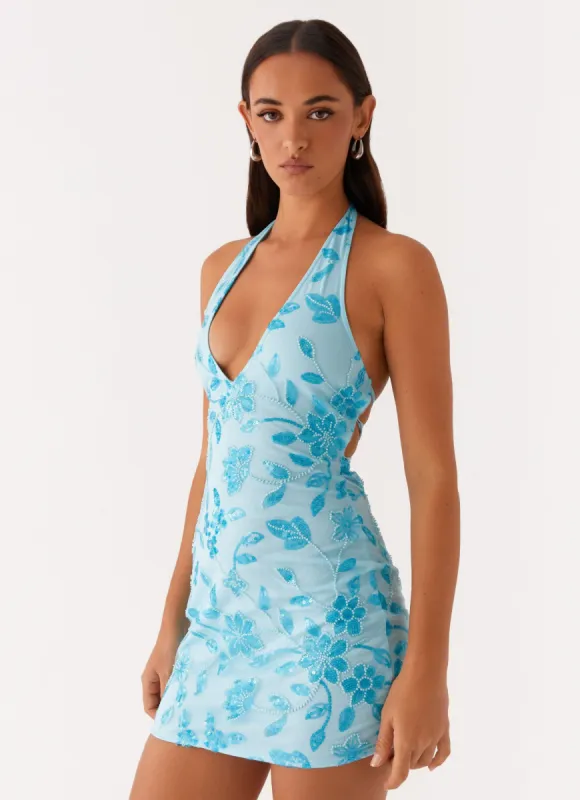 Merida Halterneck Beaded Mini Dress - Blue sold by Peppermayo