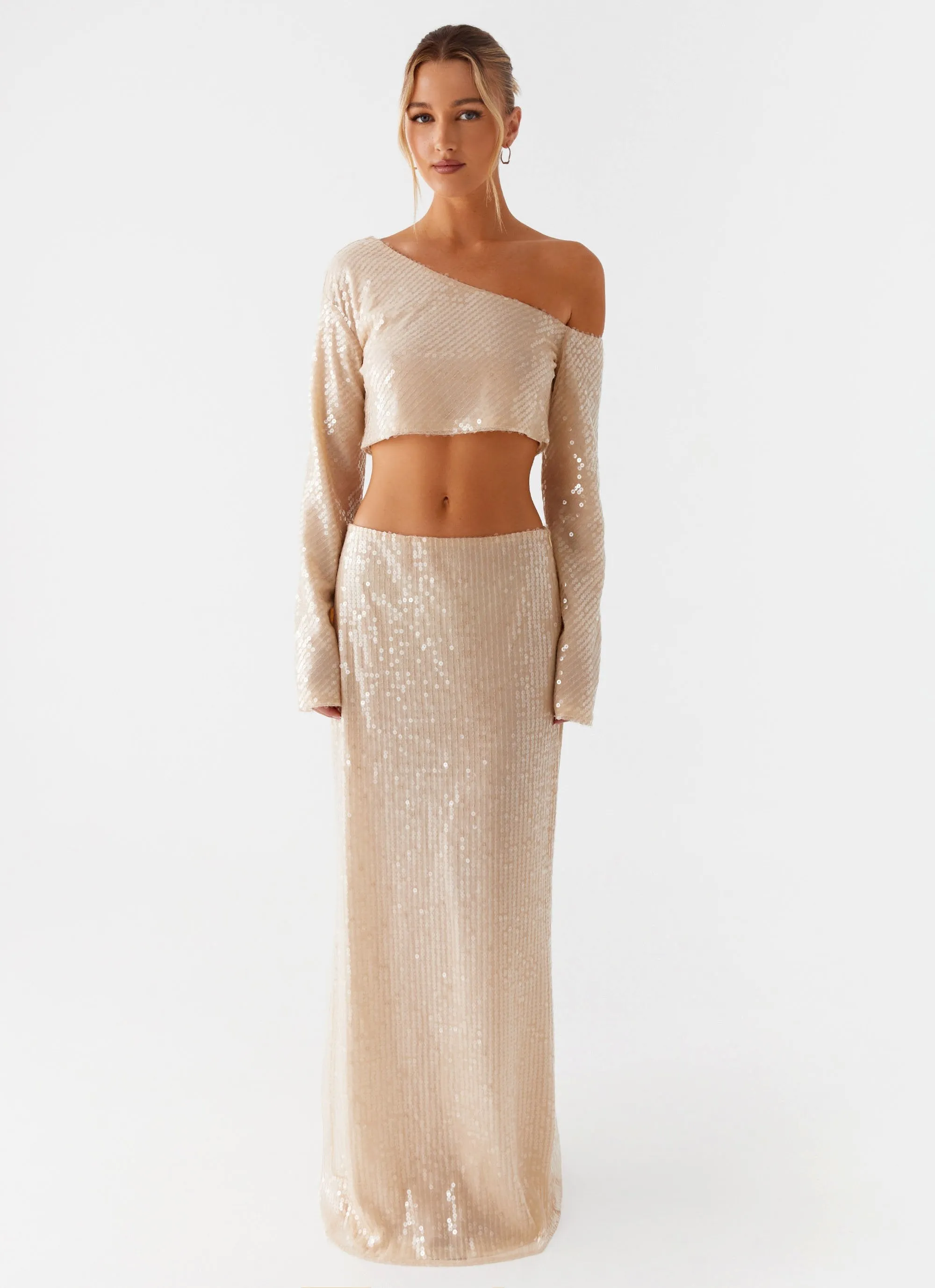 Wisteria Low Rise Sequin Maxi Skirt - Champagne sold by Peppermayo product image thumbnail 3