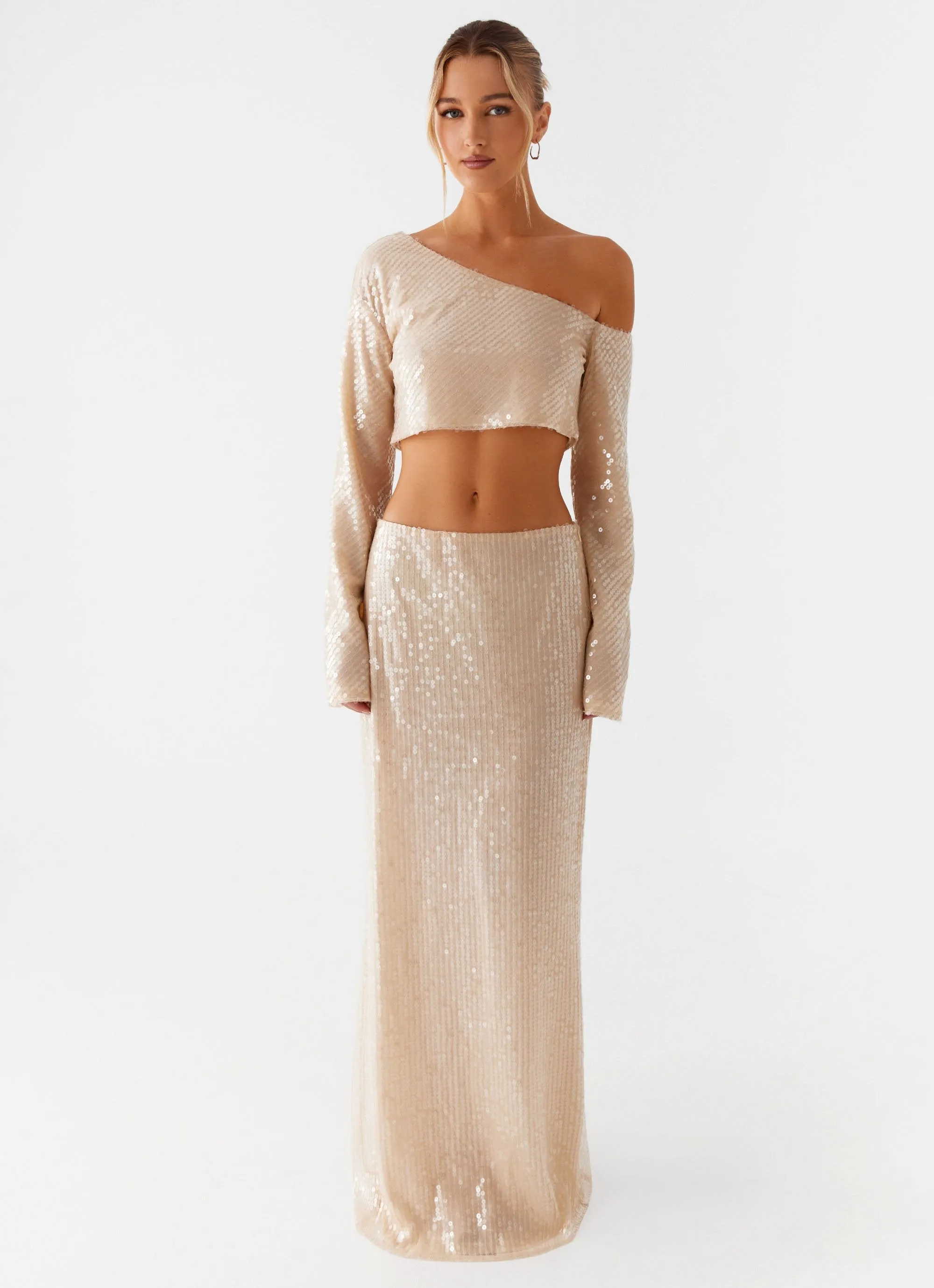 Wisteria Off Shoulder Long Sleeve Sequin Top - Champagne sold by Peppermayo product image thumbnail 4